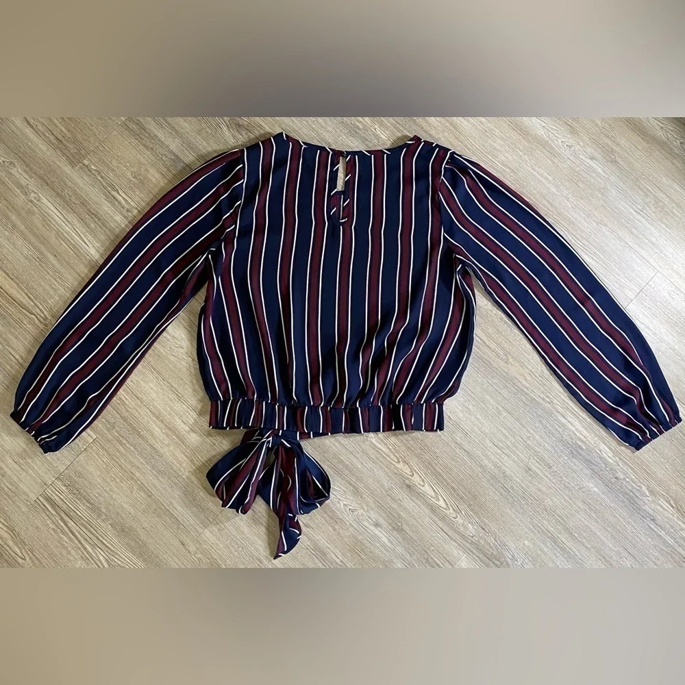 Nine Britton Navy Blue, Maroon, White Striped Blouse with Waist Tie - Picture 2 of 4